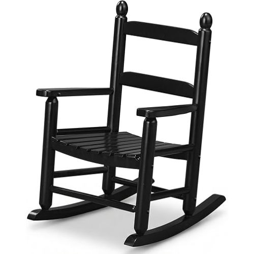 Outvita Kids Rocking Chair, Ergonomic Sturdy Toddler Rocking Chair with High Backrest & Rounded Armrests, Safe Solid Wood Baby Rocker Chair for Age 3-6, Outdoor, Living Room, Reading Room(Black)
