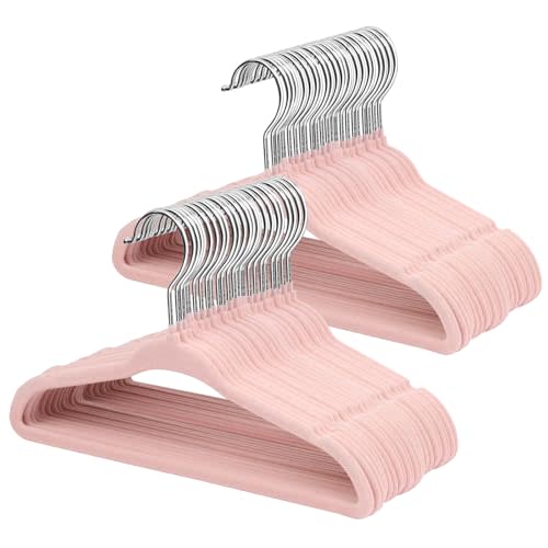 ManGotree 11" Baby Velvet Hangers, Non-Slip Infant Coat Hangers, Ultra-Thin Toddler Felt Hanger with 360° Swivel Hook, Space Saving Children's Hanger for Kids Clothes, 48 Pack (Light Pink)