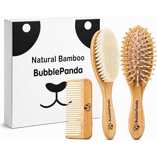 BubblePanda Baby Hair Brush and Comb Set – Ultra Soft Goat Hair Bristles, Natural Bamboo Baby Brush for Cradle Cap, Gentle Grooming Kit, Baby Registry Gift for Newborns & Toddlers