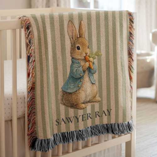 Personalized Peter Rabbit Sage Green Woven Blanket, Storybook Bunny Baby Blanket, Custom Name Nursery Keepsake, Heirloom Baby Shower Gift