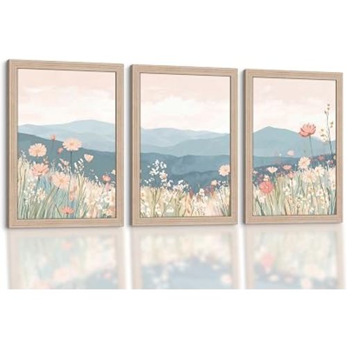 Framed Mountain Floral Canvas Wall Art Landscape Decor 3Pcs 12x16 Inch