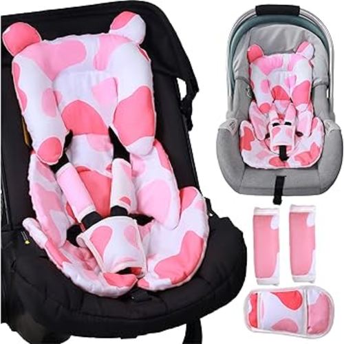 4in1 Newborn Carseat Insert & 3 Strap Cover,Reversible Infant Car Seat Insert Head Body Support,Thickened Baby Car Seat Pillow Cushion Boys Girls Preemie,Fit Stroller,Swing,Bouncer,Rocker,Pink