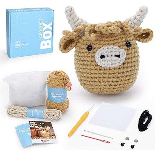 Crochet Kit for Beginners: Highland Cow Crochet Kit, Learn to Crochet, Include Easy Knitting Soft Yarn, Step-by-Step Video Tutorial, Hook, Holiday Birthday Gift for Adults and Teen(30%+ Yarn)