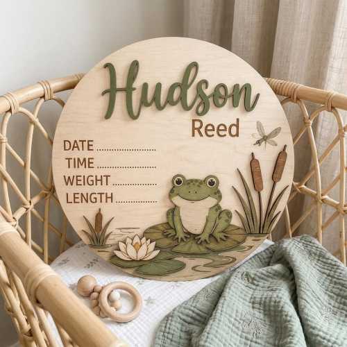 Personalized Frog Birth Announcement Sign, Wooden Baby Stats Board, Woodland Nursery Decor, Hospital Newborn Photo Prop, Keepsake Gift