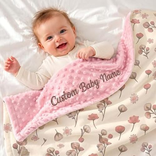 Personalized Baby Blanket with Name - Custom Blanket Embroidered Minky Dot Plush Stroller Bedding for Newborn Boys Girls, Soft Swaddle Fleece, (Pink2)