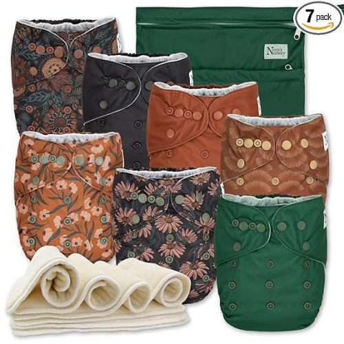 Nora's Nursery Cloth Diapers 7 Pack with 7 Inserts & 1 Wet Bag - Waterproof Cover, Washable, Reusable & One Size Adjustable Pocket Diapers for Newborns and Toddlers - Dahlia