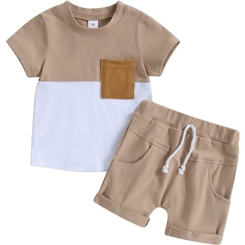 Rtnnsbbfcm Newborn Baby Boy Summer Clothes Short Sleeve Color Block Front Pocket T-Shirt Top Shorts 2Pcs Casual Outfit