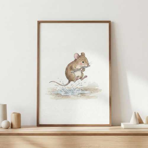 Watercolor Mouse Artwork, mouse playing flute illustration, whimsical woodland nursery decor, cute animal wall art, storybook mouse print