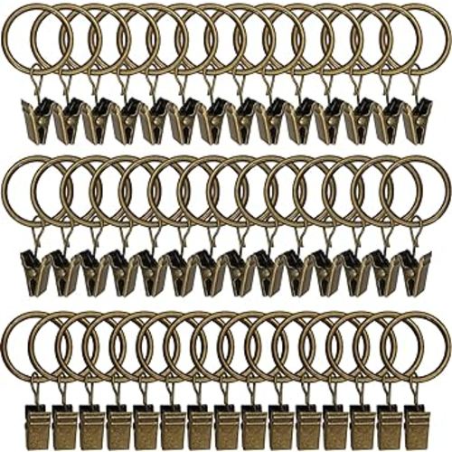 44 Pack Bronze Curtain Rings with Clips, Curtain Hooks Hangers Clip Rings for Hanging Drapes Bows Hat, Drapery Rings 1 in I D, Fits up to 5/8 in Diameter Curtain Rod.