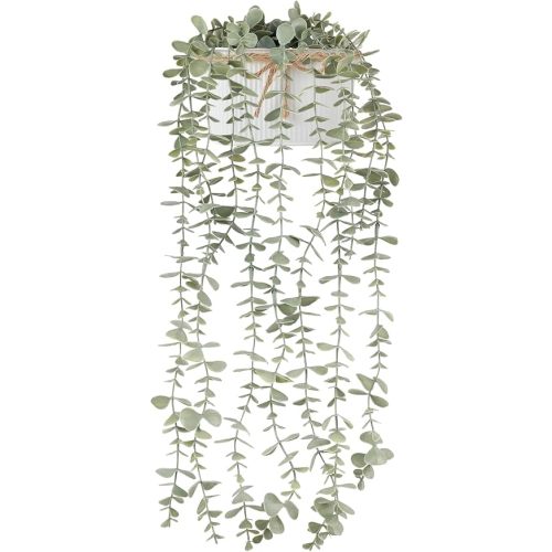 Mkono Fake Hanging Plants in Farmhouse Galvanized Pot for Shelf Decor White