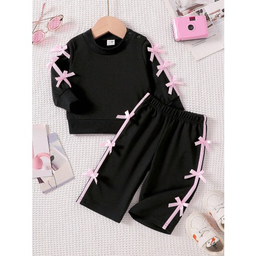 Newborn Casual Ribbon Bow Top And Straight Leg Bow Pants Set Fall Winter | SHEIN USA