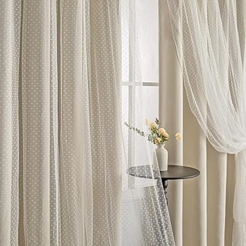 MYSKY HOME Beige Blackout Curtains with Sheer Overlay for Bedroom & Living Room Cream Curtains 84 inches Long Boho Elegante Drapes for Girls Nursery, Grommet Tops, 52" Wide Each Panel, 2 Panels