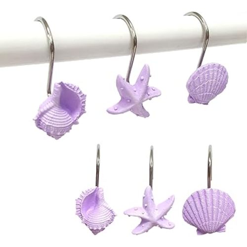 Seashell Shower Curtain Hooks 12pcs Beach Shower Curtain Rings Bath Shower Hooks Rust Proof Curtain Hangers Coastal Bathroom Accessories Decor
