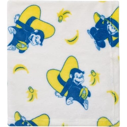 nojo Welcome to The Universe Baby Curious George White, Navy and Yellow Hat and Bananas Super Soft Baby Blanket, One Size, 1.0 Count (7719501R)