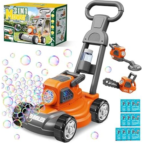 Bubble Lawn Mower for Kids Ages 3-6, 3-in-1 Bubble Machine Maker with 10 Bubble Solution, Outdoor Push Toy for Toddlers Boys Girls, Summer Birthday Christmas Easter Gift for Age 3 4 5 6 Year Old