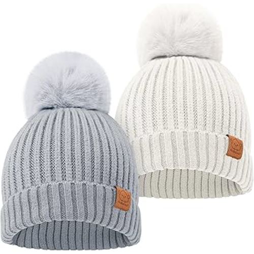 KeaBabies 2-Pack Baby Hats for Girls, Boys - Stretchy Baby Beanies, Cute Newborn & Toddler Winter Hat, Soft & Warm Pom Pom Beanie for Infant, Toddler, Boys, Girls 6-36 Months (Cloud, M)