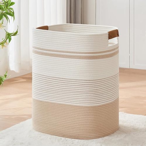 Laundry Basket with Handles - Blanket Basket & Hampers for Bedroom Aesthetic, Laundry Hamper & Blanket Storage for Living Room, Clothes Hamper, Tall, Large 17" x 14" x 22”, Off-white