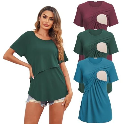 Ekouaer Women's Maternity Shirts Short Sleeves Nursing Tops 3 Pack Double Laye Breastfeeding Tees Pregnancy Clothes S-XXL