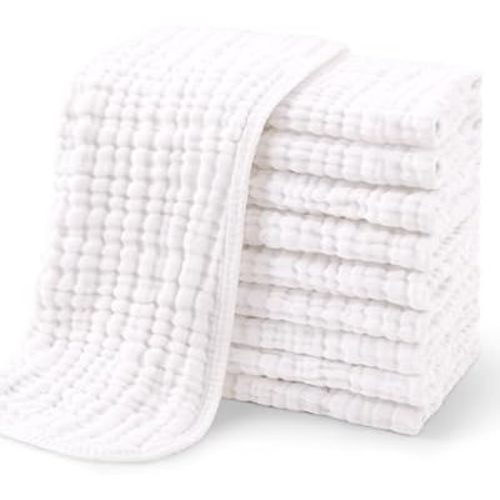 Yoofoss Muslin Burp Cloths for Baby 10 Pack 100% Organic Cotton Baby Washcloths for Boys Girls Large 20''X10'' Super Soft and Absorbent White