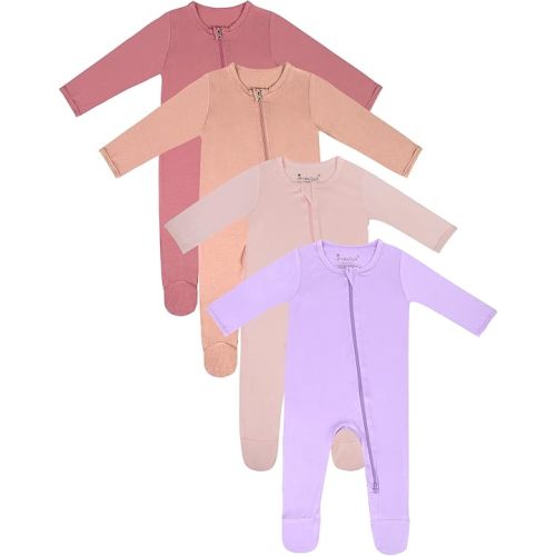 Jimonda Baby Boy Romper 4-Pack - Bamboo Zip-Up Pajamas for 0-24 Months,Unisex Footed Sleepers,Ultra-Soft Stretchy Fabric