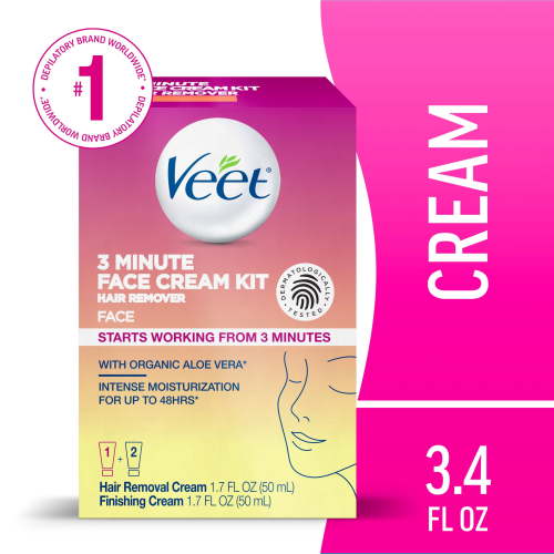 Veet 3 Minute Facial Hair Removal For Women, Face Hair Cream Kit for Lips, Chin, Cheeks, 1.7 oz, Pack of 2