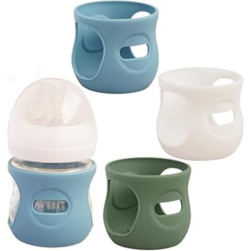 3 Pack Silicone Sleeves for Avent Natural Glass Baby Bottles, Anti Breakage Baby Bottle Holder, Compatible with Philips Avent Glass Natural Baby Bottle (Dark Blue+Dark Green+White, 4 OZ)