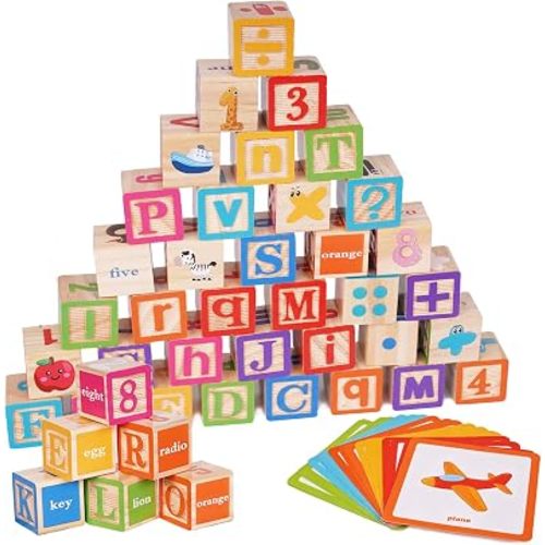 ABC Wooden Building Blocks for Toddlers, Montessori Alphabet & Number Learning Toy for Kid, 36 PCS Preschool Stacking Blocks with Matching Cards for Spelling, Counting, Sorting, Fine Motor Skills