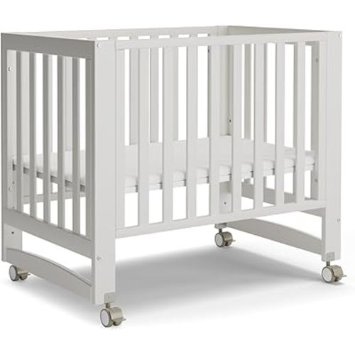 MAMAZING EvoNest Baby Crib, 3 in 1 Convertible Mini Crib with Wheels, 100% New Zealand Wood Crib, 4 Adjustable Mattress Height, GREENGUARD Gold Certified, White