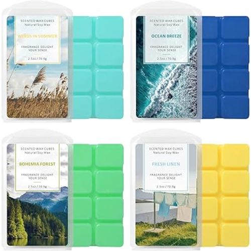 STRN Scented Wax Melts Wax Cubes Long Lasting Strong Scent, Soy Wax Cubes for Warmer Jelly Wax Melts Set, Ocean Breeze, Fresh Linen, Bohemia Forest, Summer Wind (4 x 2.5oz)
