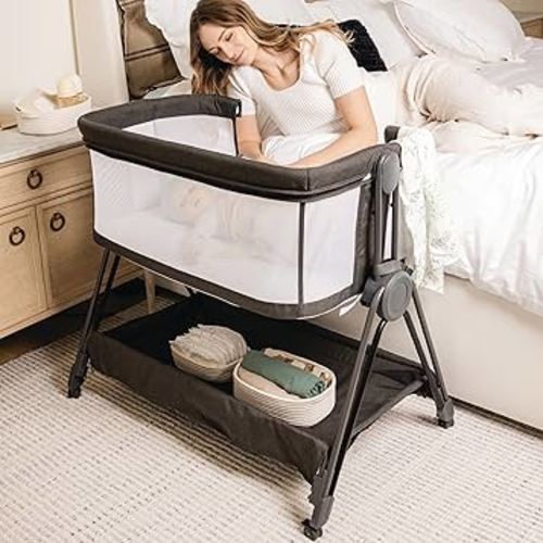 Baby Bedside Sleeper - Bassinet & Bedside Crib with Height Adjustment & Wheels - Can Be Placed Next to Bed - Attaches to Parents Bed - Easy to Fold & Carry Bassinet (Grey)