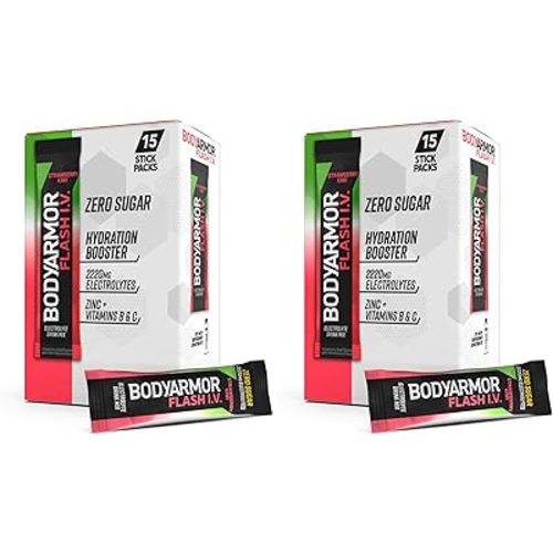BODYARMOR Flash IV Electrolyte Packets,Strawberry Kiwi - Zero Sugar Drink Mix,Single Serve Packs,Coconut Water Powder,(Pack of 30)