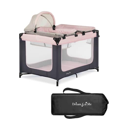 Dream On Me Emily Rose Deluxe Playard in Pink with Infant Bassinet and Changing Tray, Lightweight Portable and Convertible Playard for Baby, Breathable Mesh Sides and Soft Fabric