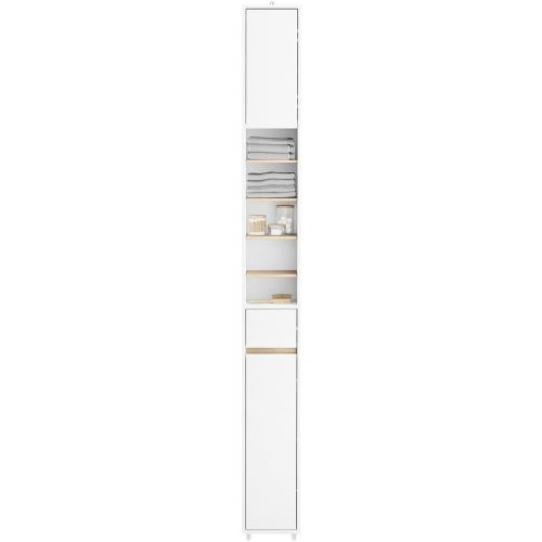 SoBuy Bathroom Narrow Storage Cabinet Skinny Tall Unit with Adjustable Shelves Slender Anti-Tipping Floor Standing Cupboard, White & Natural BZR34-WN