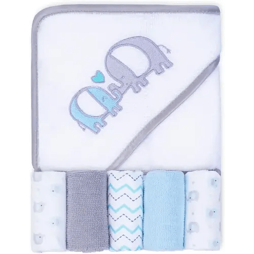 Viviland Baby Towels and Washcloths, Soft Absorbent Baby Bath Towel Set, Elephant Hooded Towels with 5 Infant Face Washcloths (6 Pieces)