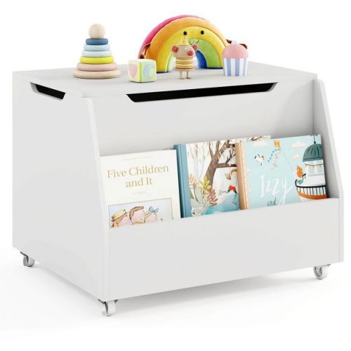 Costway Kids Toy Box Wooden Mobile Toy Storage Organizer with Bookshelf & Lockable Wheels White