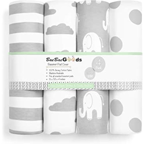 Bassinet Bed Sheets – Bassinet Fitted Sheets 4 Pack – 100% Jersey Knit Cotton Cradle Sheets – Bassinet Bedding for Standard Size Oval or Rectangular Bassinet Pads – Bassinet Sheet for Boy & Girl