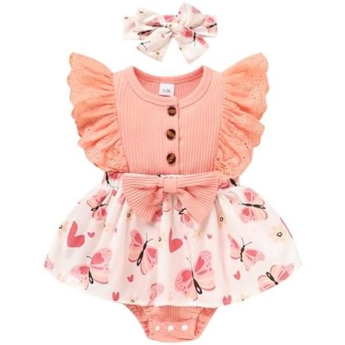 Sinhoon Baby Girl Clothes Newborn Ruffled Sleeveless Romper Floral Dreesy Bodysuit Heaedband 3pcs Baby Girl Summer Clothes