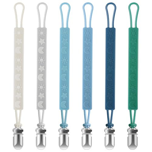 TenderBabe Silicone Pacifier Clip Holder for Baby Girls and Boys, Pack of 6 Soft Flexible Paci Binky Clips with One Piece Design