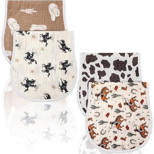 Hahafelt 4 Pcs Western Cow Baby Burp Cloths 100% Cotton Newborn Towel