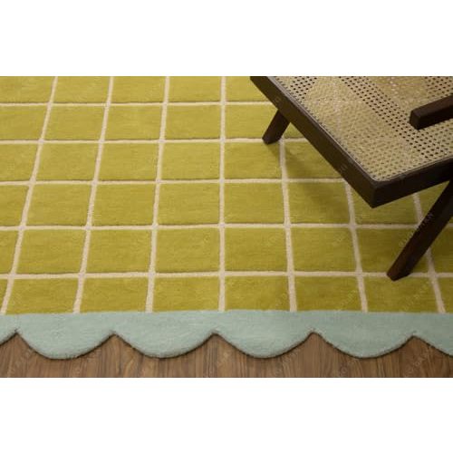 Checkered Wool Area Rug with Scalloped Border, Chartreuse Green & Cream Grid, Hand-Tufted, Soft Cut Pile, Modern Cottagecore Living Room, Bedroom & Nursery Carpet - 6x6 Ft (Round)