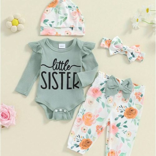 Newborn Baby Girls Fall 4PCS Sets Long Sleeve O Neck Letter Print Romper Floral Pants Headband Hat Sets | SHEIN USA