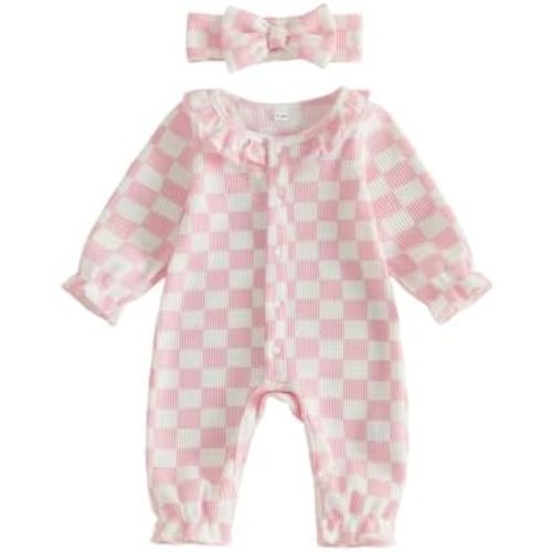 Newborn Baby Girl Clothes Checkered Ruffle Long Sleeve Romper Jumpsuit