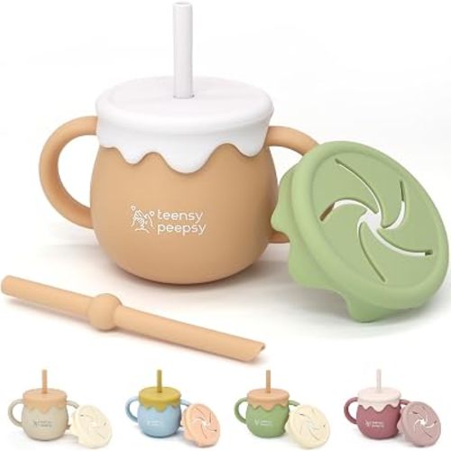 Honey Pot 3-in-1 Silicone Sippy Cup with Straw & Snack Cup for 6 months+ 8.5oz, Baby Straw Cup for Unisex Baby Gift, Toddler Smoothie Cup, Baby Water Cup for BLW Training (Harvest Wood)