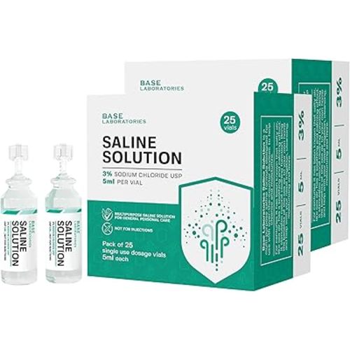 BASE LABORATORIES 3% Saline Solution Vials - Versatile 3% Sodium Chloride Saline Ampoules - Preservative Free Saline Solution Single use vials - USP Grade 50 Vials x 5ml Count