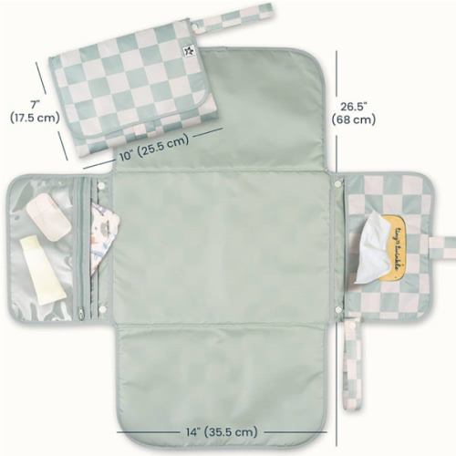 Tiny Twinkle Portable Diaper Changing Pad | Waterproof, Wipeable & Compact Baby Changing Pad for Travel | Smart Wipes Pocket & Organized Storage| Newborn Shower Gift (Sage Checkers)