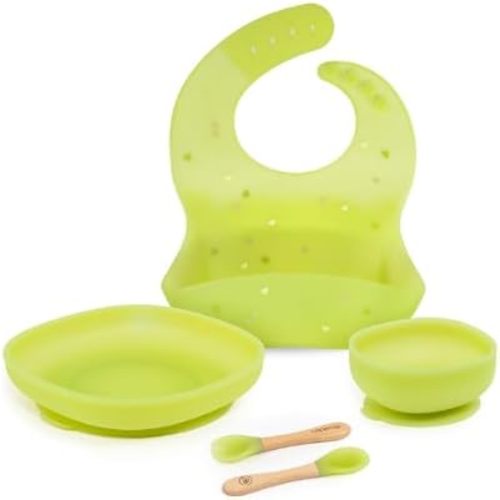Paperclip Color-Changing Silicone Baby & Toddler Foodie Kit - Including Bib, Suction Bowl, Suction Plate, and Spoon & Spork Set - 100% BPA Free - Aurora Green (Aurora Green/Cloud Blue)
