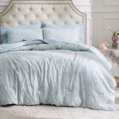Bedsure Twin Size Comforter Set, Dusty Blue Boho Tufted Bed Set, 3D Puffy Jacquard Bedding King Size, 2 Pieces, 1 Farmhouse Shabby Chic Embroidery Com
