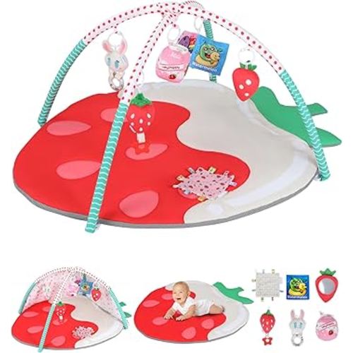 Tummy Time Mat, 9-in-1 Strawberry Baby Play Gym Mat, Oversize Baby Play Activity Mat with Sunshade & 6 Detachable Sensory Toys, Washable Non-Slip Mat for Newborn Infant Baby Essentials Gift