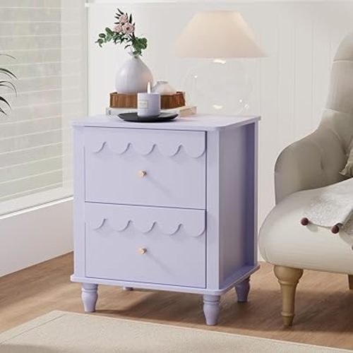 Purple Nightstand Side End Table with 2 Drawers, Modern Night Stand with Petal Pattern for Bedroom, Scalloped Bedside Night Tables with Solid Wood Legs
