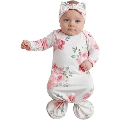 Baby Knotted Gown Newborns 0-6 Months, Soft Breathable Newborn Sleeper Gowns, Baby Girl Coming Home Outfit Essential Gift Watercolor Floral with Headband Set
